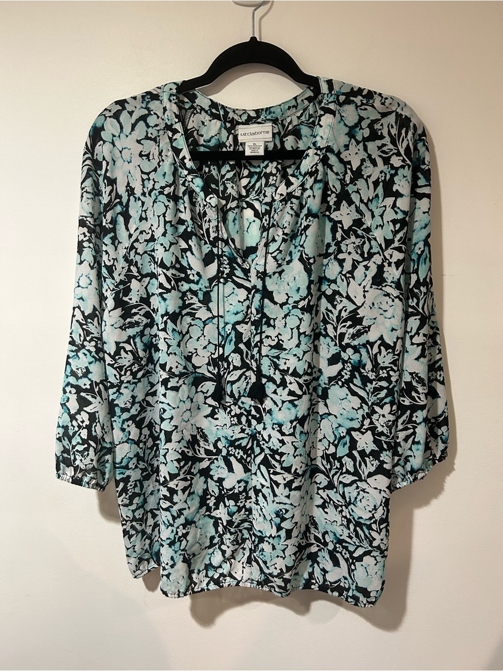 Liz Claiborne Black and Light Blue Floral Peasant Blouse